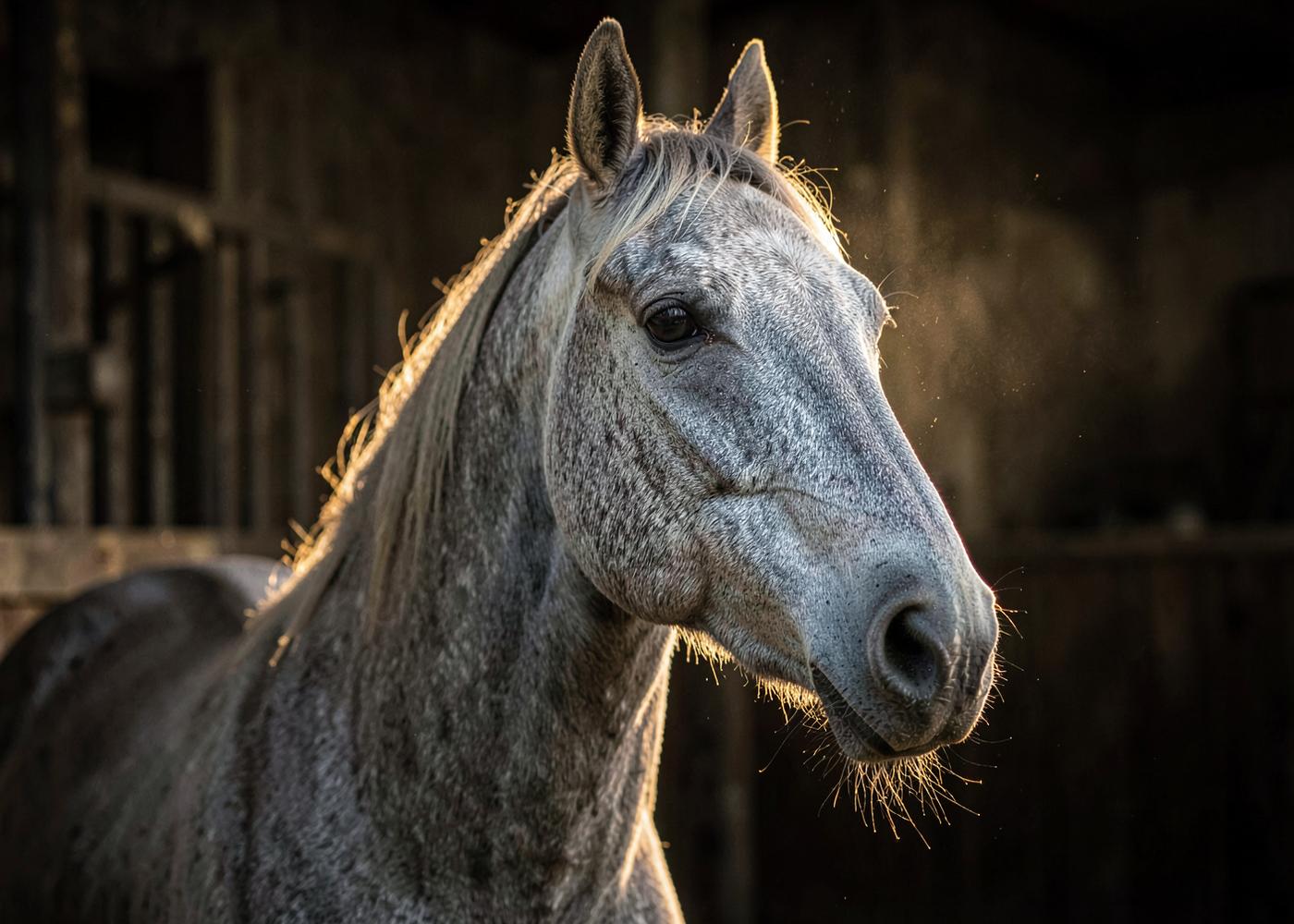 Head study of a grey Arabian mare in soft stable light