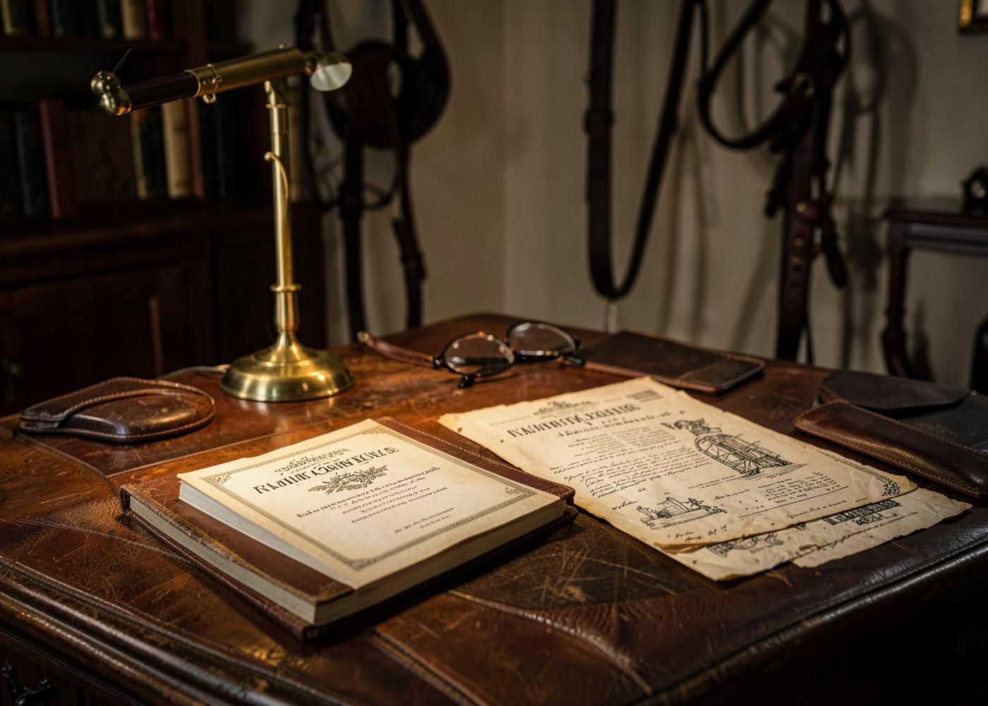 Old stud books and pedigree papers on a leather desk beside a brass lamp
