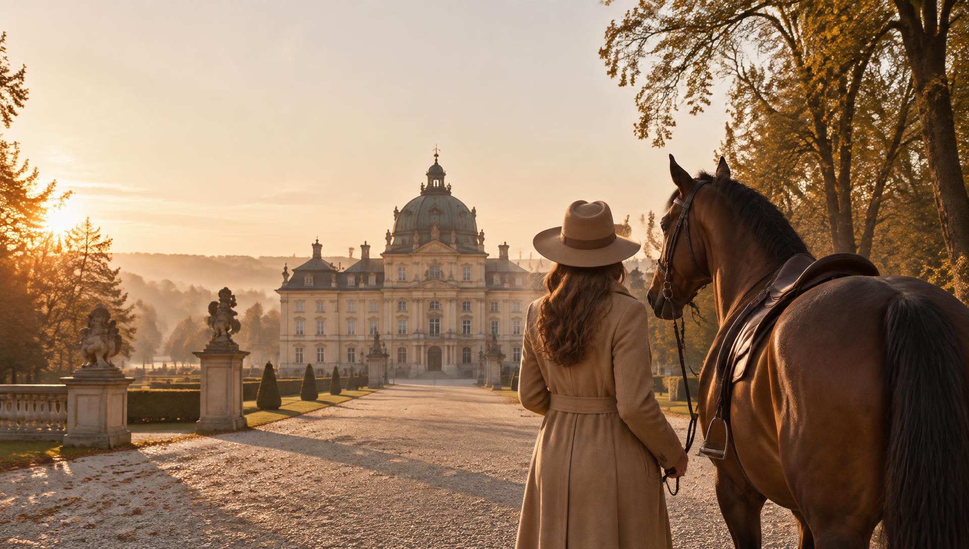 Woman in an elegant neutral coat and hat standing beside a dark horse, both looking toward a Polish palace in golden light