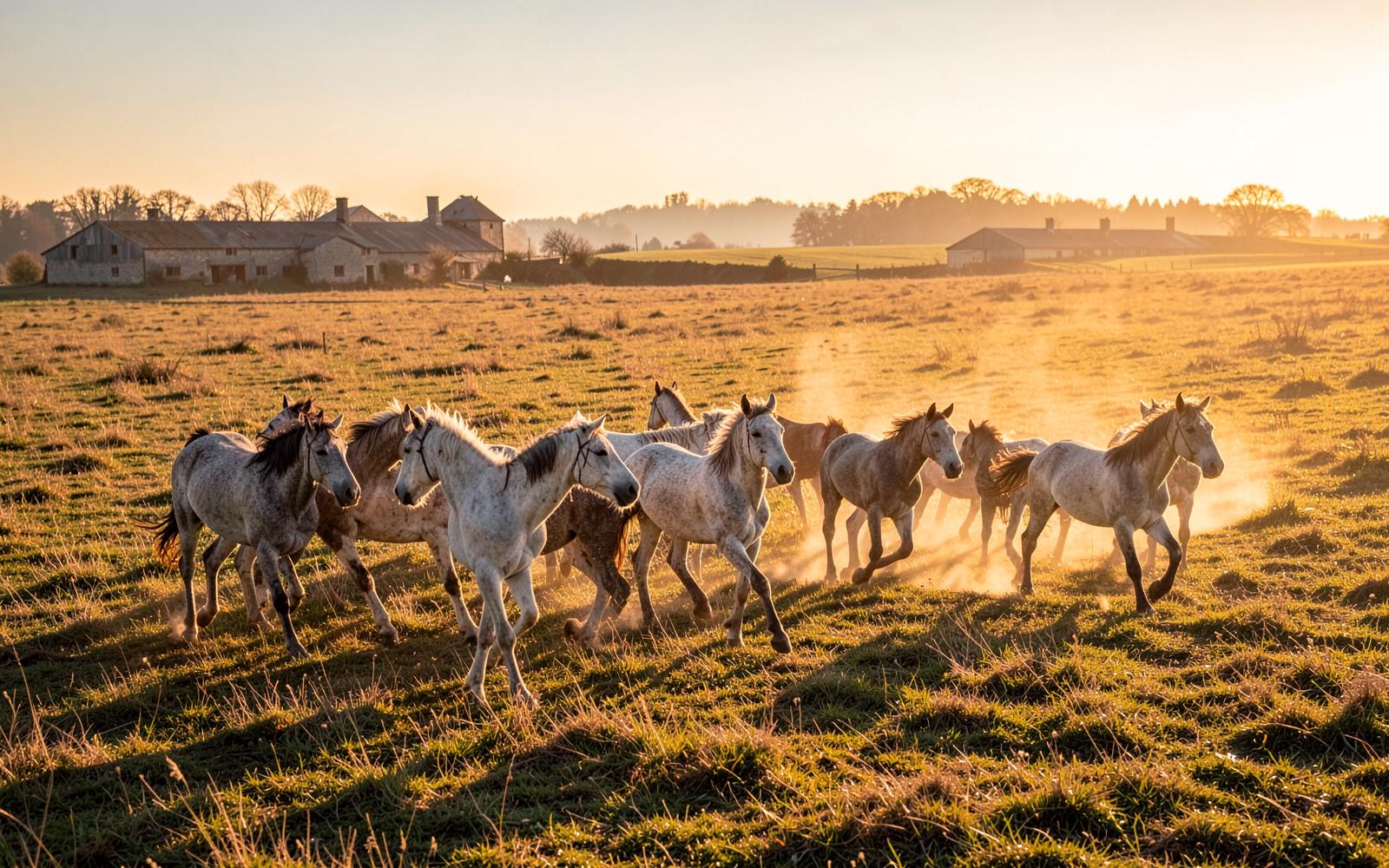 Grey Arabian mares and foals moving across an eastern Polish pasture at sunrise