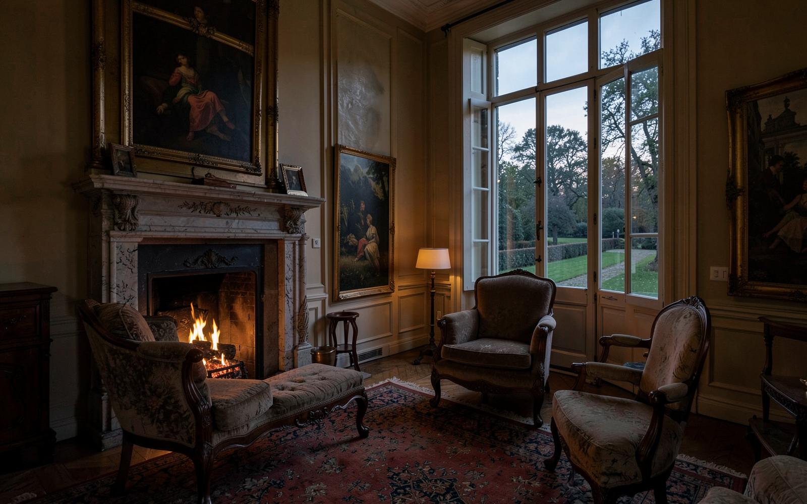 Quiet library sitting room in a Polish manor with leather chairs and warm lamplight