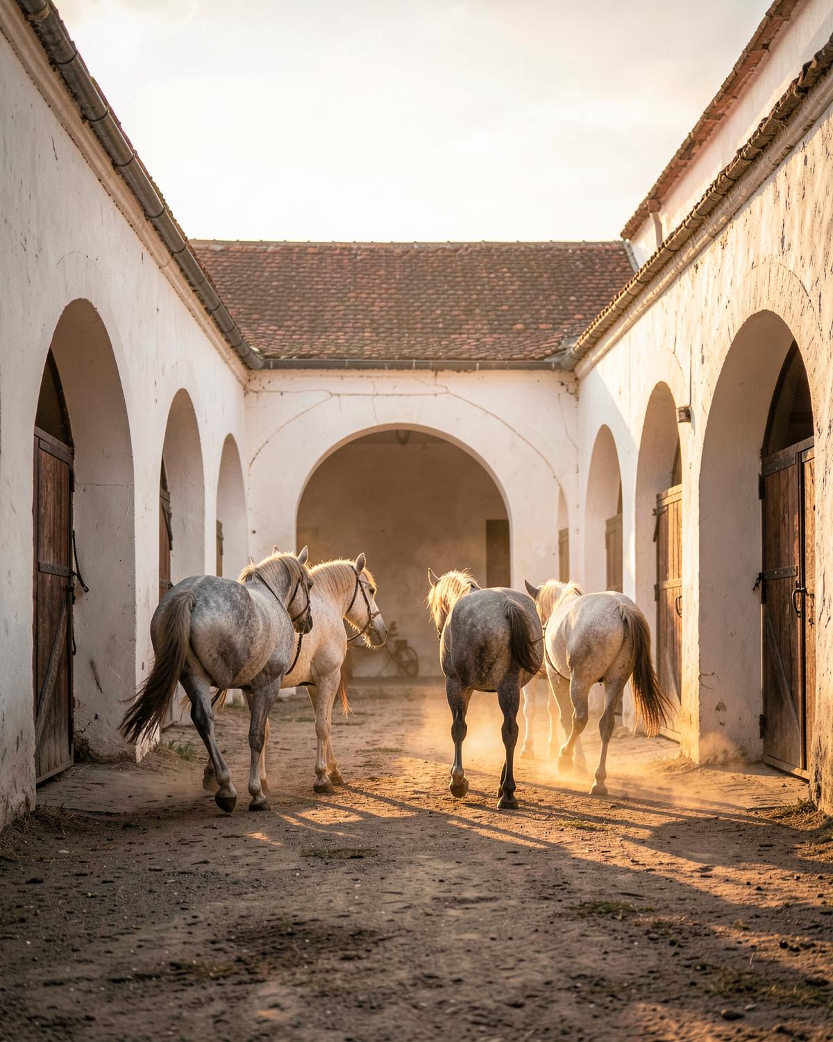Grey horses led through the arcaded courtyard of a historic Polish stud at sunrise